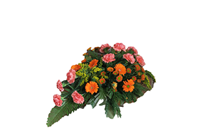 Blommor till begravning Tumba - Beställ blommor till begravning - Kistdekoration i rosa och orange toner