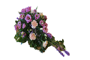 Blommor till begravning Tumba - Beställ blommor till begravning - Liggande sorgdekoration i rosa och lila