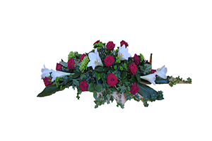Blommor till begravning Tumba - Beställ blommor till begravning - kistdekoration i rött och vitt till begravning