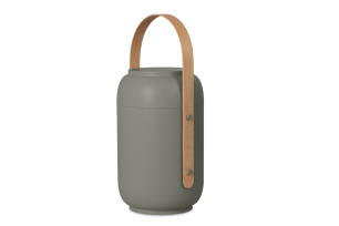 Grå, cylindrisk bärbar lampa med ett trähandtag på toppen.